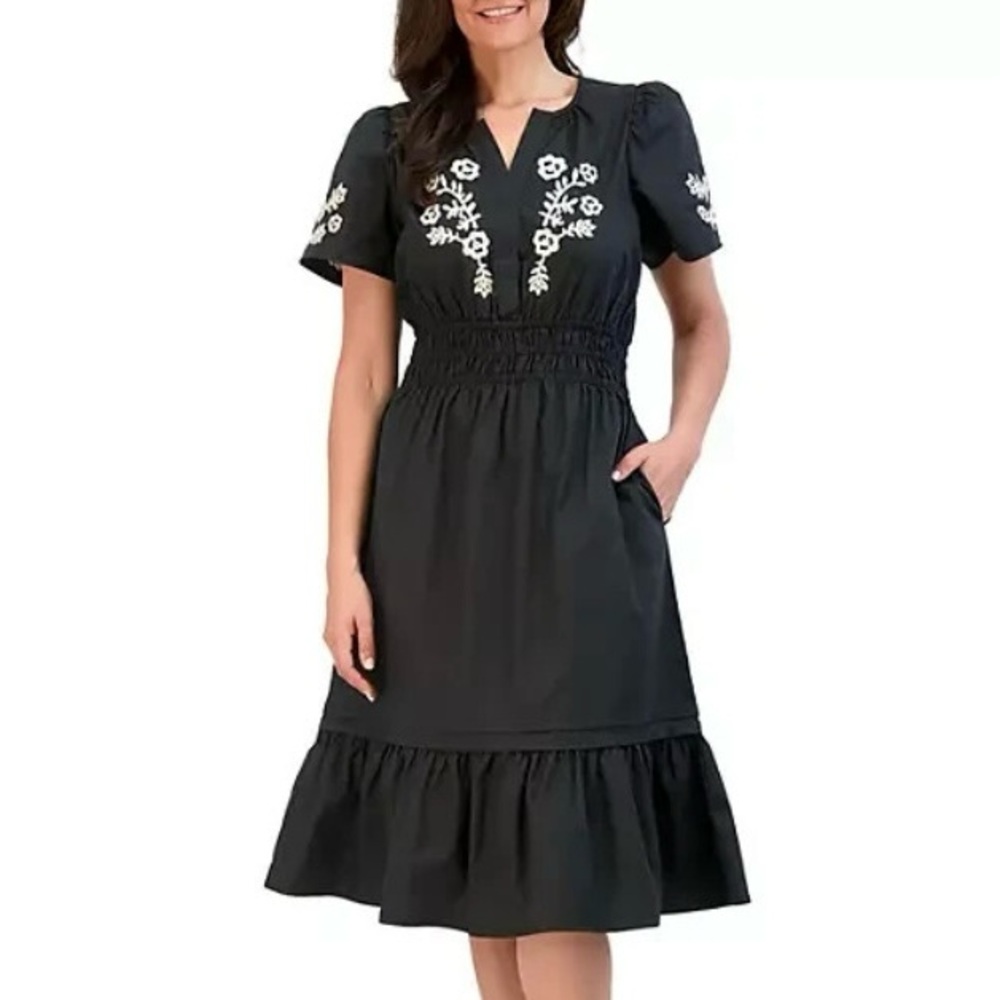 French Connection Black Cotton Embroidered Midi Dress Size Large